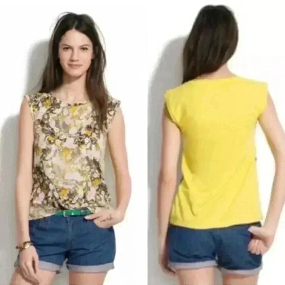 Madewell Pink Purple Floral Silk Sheer Yellow Pullover Tank Top Size S